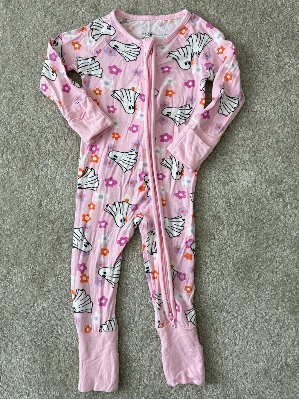 Kids Pink Ghost & Flower One-Piece Zipper Pajamas
